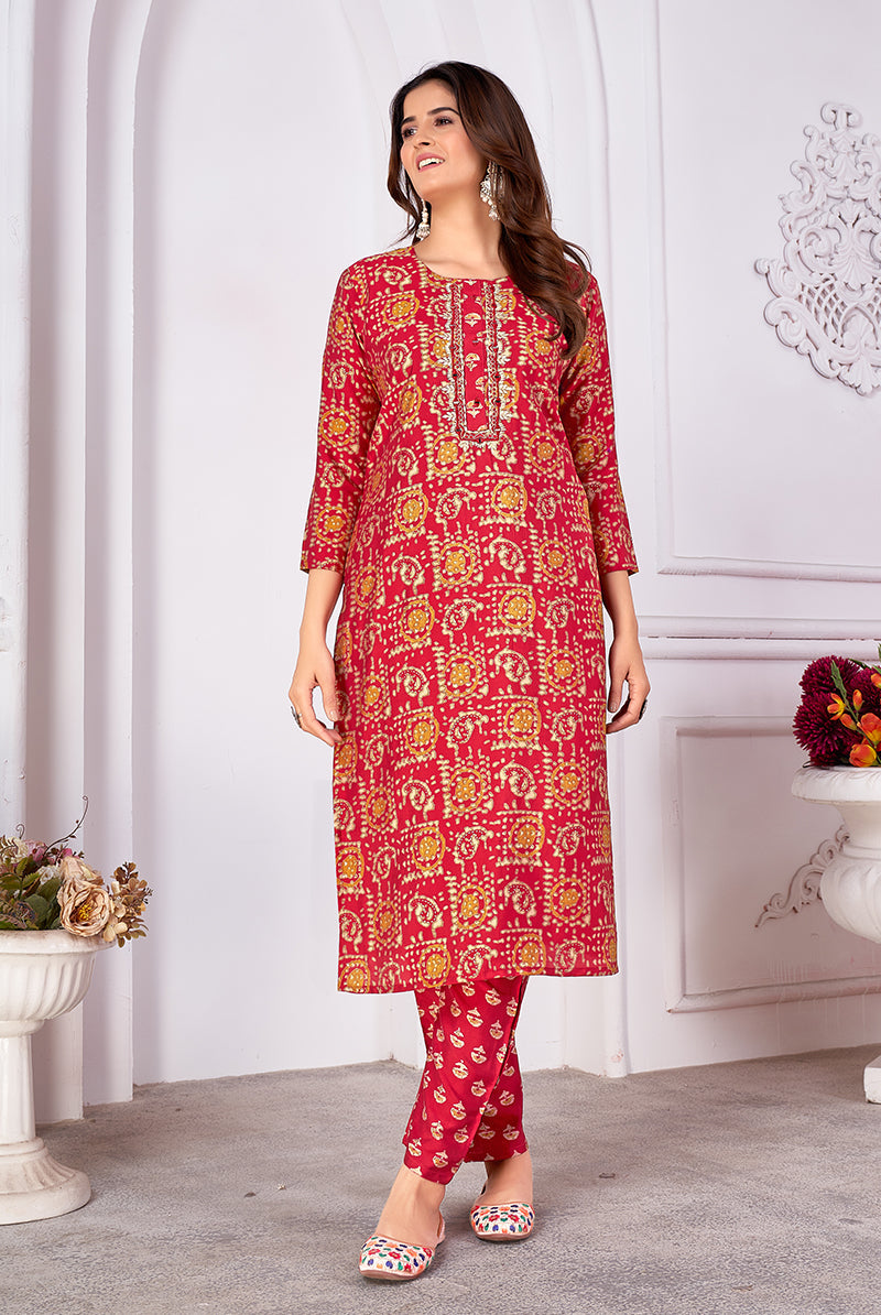Monjolika Fashion Silk Embroidered Red Designer Kurti | Grocsy