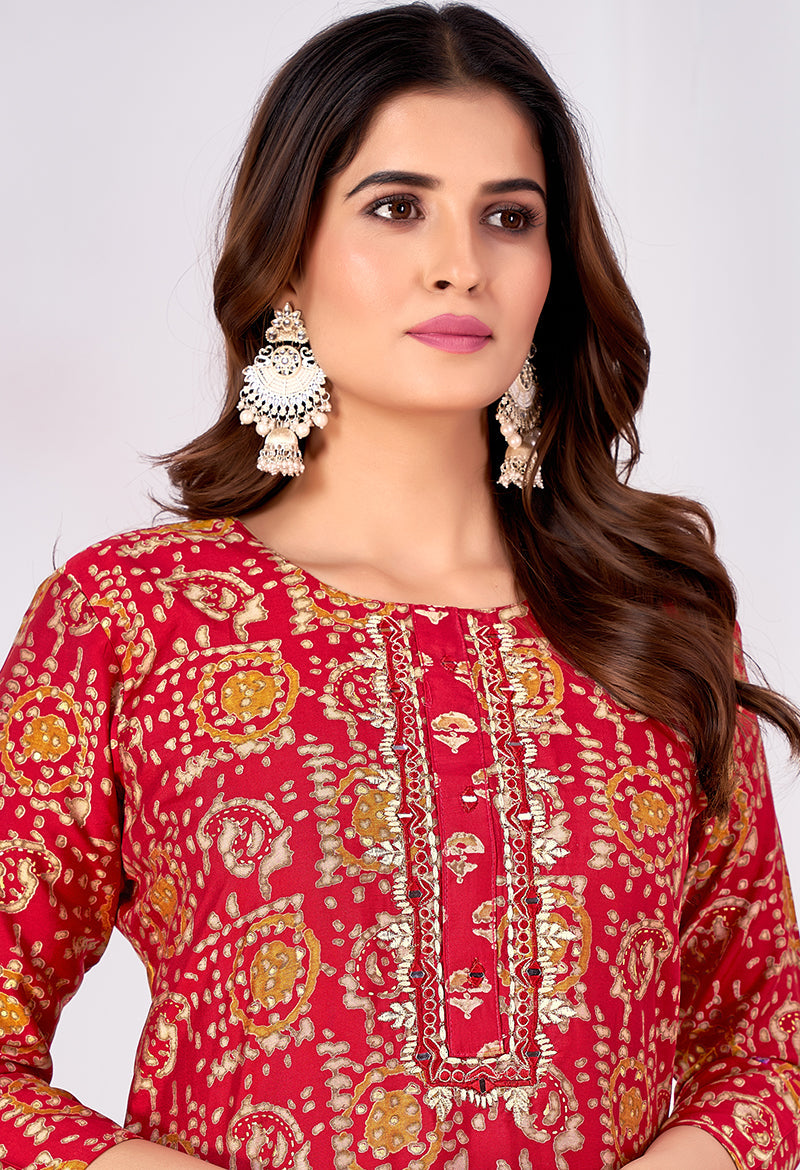 Monjolika Fashion Silk Embroidered Red Designer Kurti | Grocsy