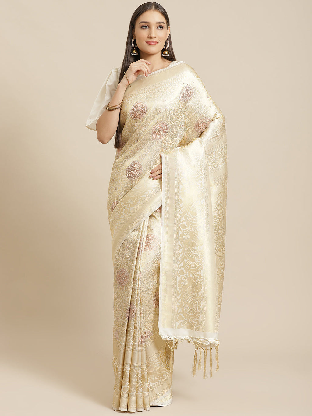 Saree Mall Off-White & Golden Woven Design Banarasi Saree | Grocsy