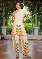 Monjolika Fashion Elegant Cream Floral Printed Cotton Co-Ord Set For Women | Grocsy