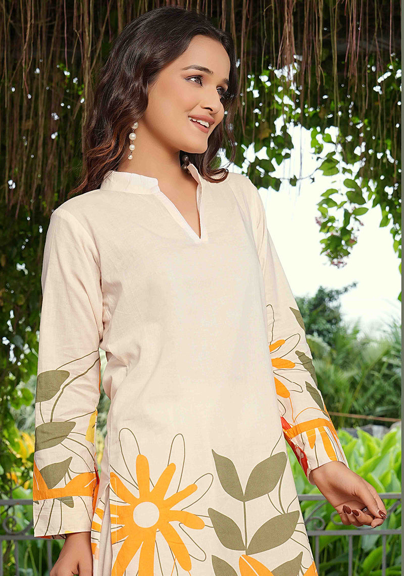 Monjolika Fashion Elegant Cream Floral Printed Cotton Co-Ord Set For Women | Grocsy