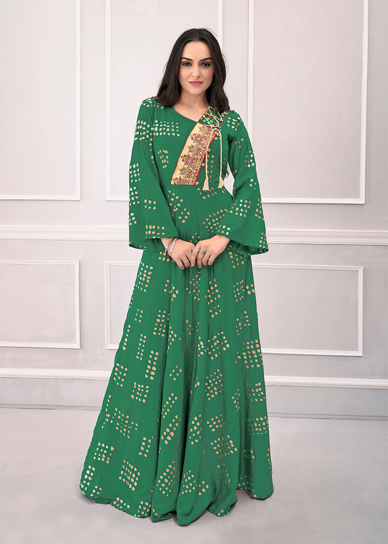 Monjolika Fashion Green Muslin Foil Print Party Wear Kurti | Grocsy