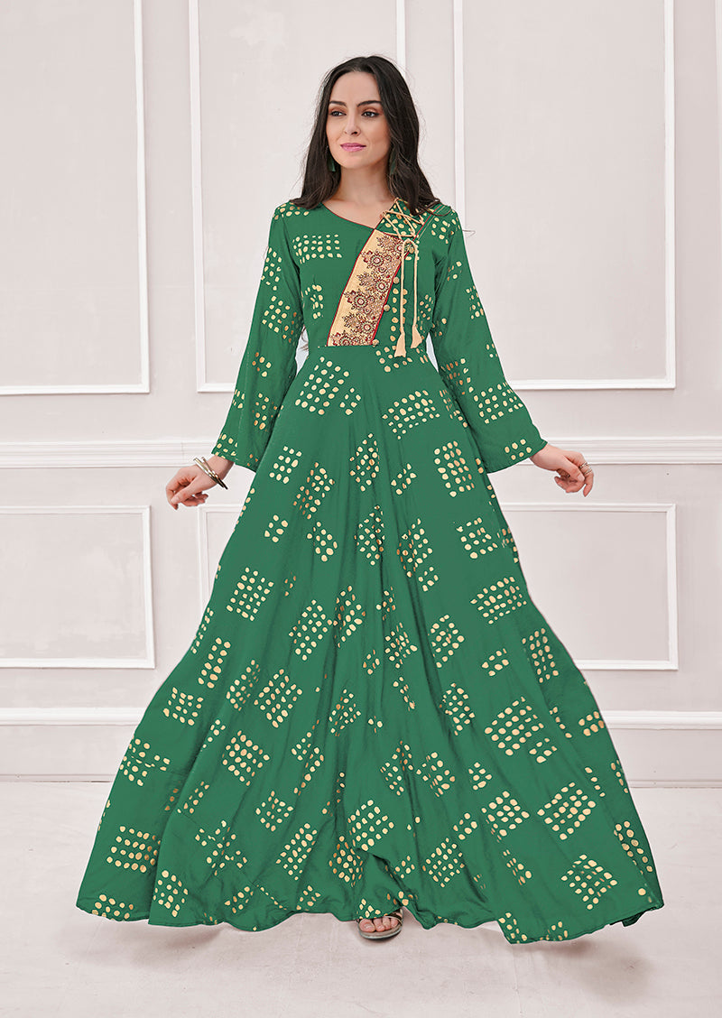 Monjolika Fashion Green Muslin Foil Print Party Wear Kurti | Grocsy