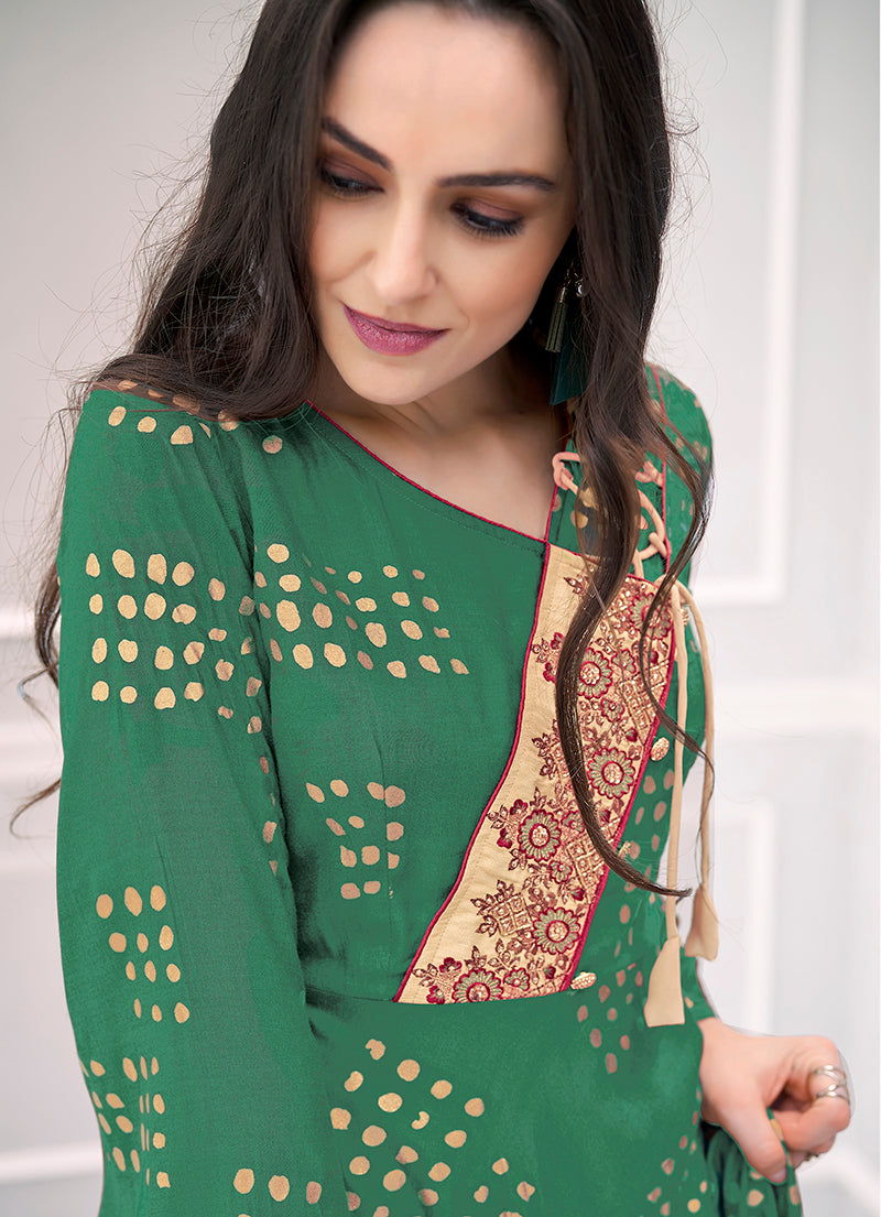 Monjolika Fashion Green Muslin Foil Print Party Wear Kurti | Grocsy