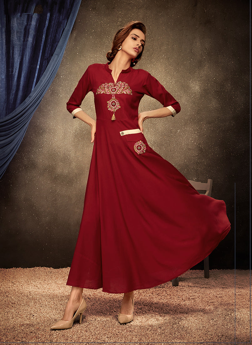 Monjolika Fashion Maroon Embroidered Rayon Party Wear Kurti | Grocsy