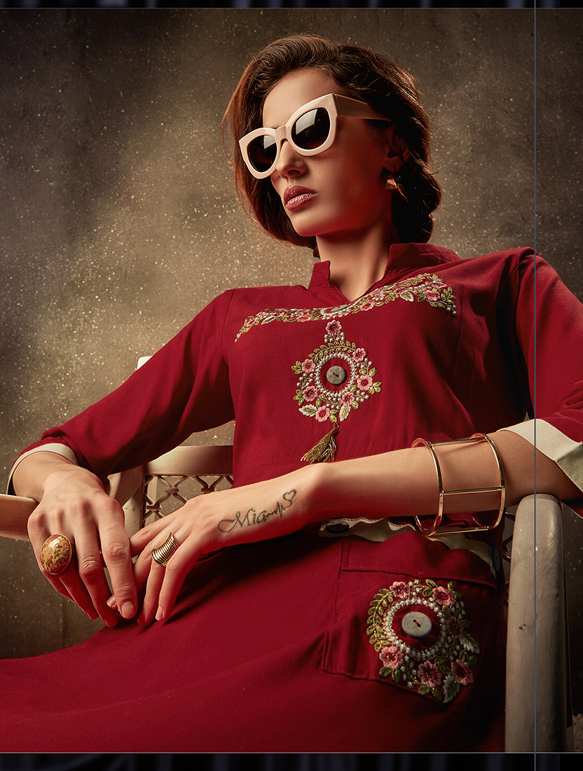 Monjolika Fashion Maroon Embroidered Rayon Party Wear Kurti | Grocsy