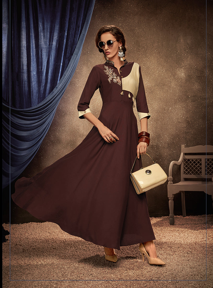 Monjolika Fashion Brown Embroidered Rayon Party Wear Kurti | Grocsy