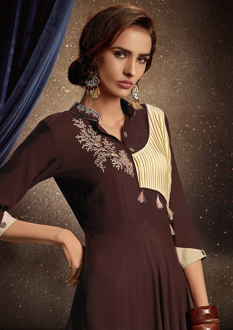 Monjolika Fashion Brown Embroidered Rayon Party Wear Kurti | Grocsy