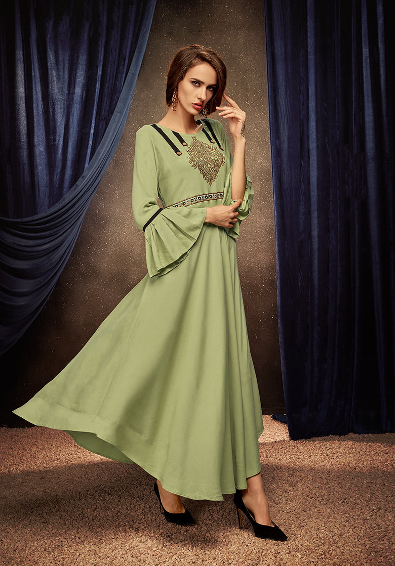 Monjolika Fashion Light Green Embroidered Rayon Party Wear Kurti | Grocsy