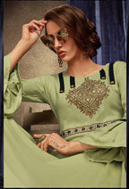 Monjolika Fashion Light Green Embroidered Rayon Party Wear Kurti | Grocsy