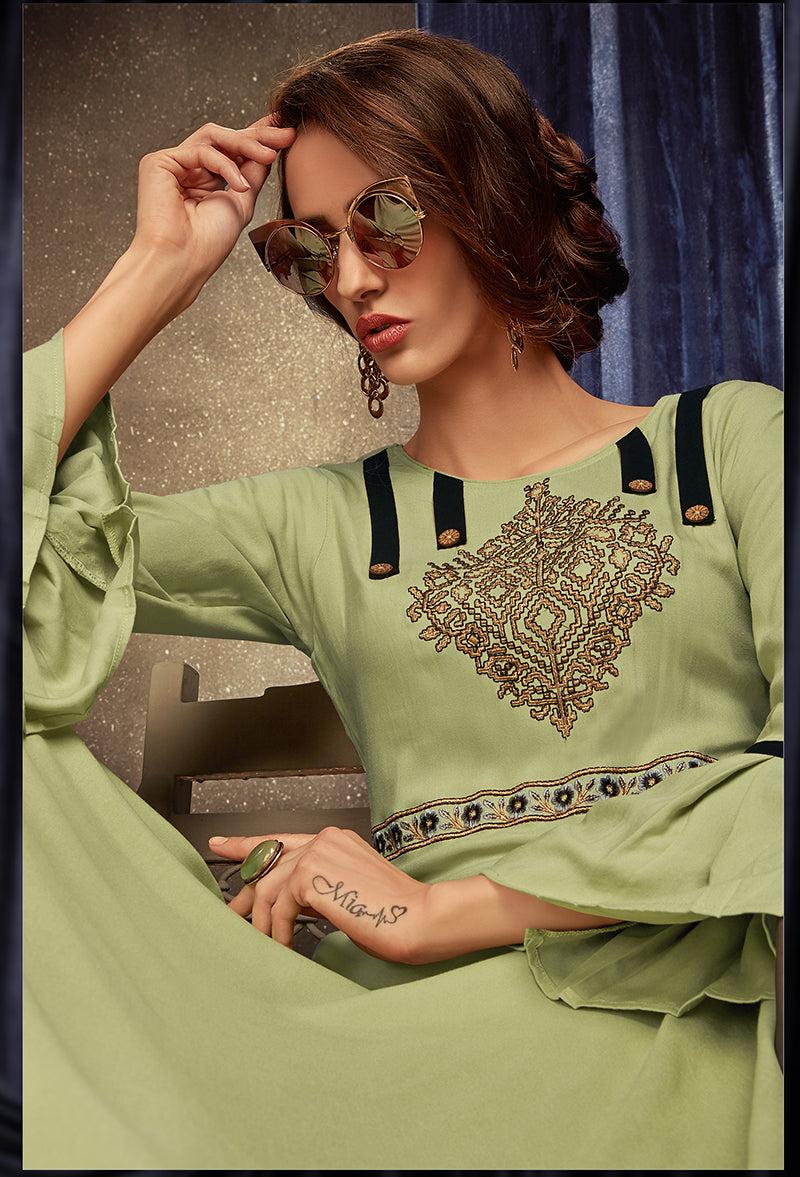 Monjolika Fashion Light Green Embroidered Rayon Party Wear Kurti | Grocsy