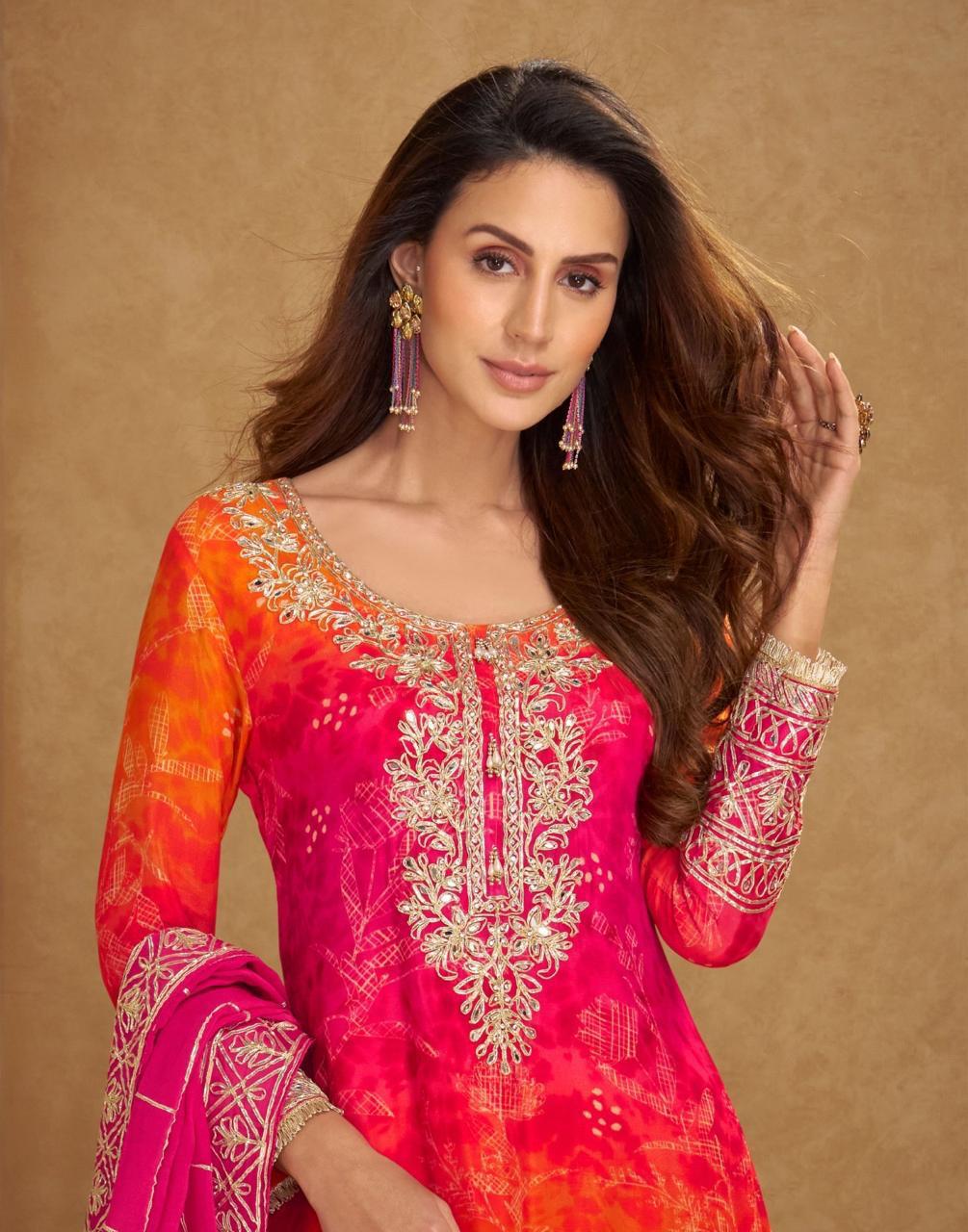 Anaita Orange Chinon Stitched Suit With Embroidery Work | Grocsy