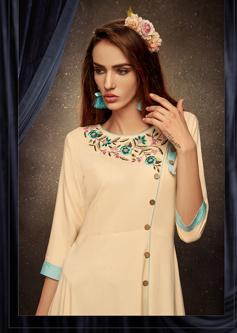 Monjolika Fashion Cream Embroidered Rayon Party Wear Kurti | Grocsy