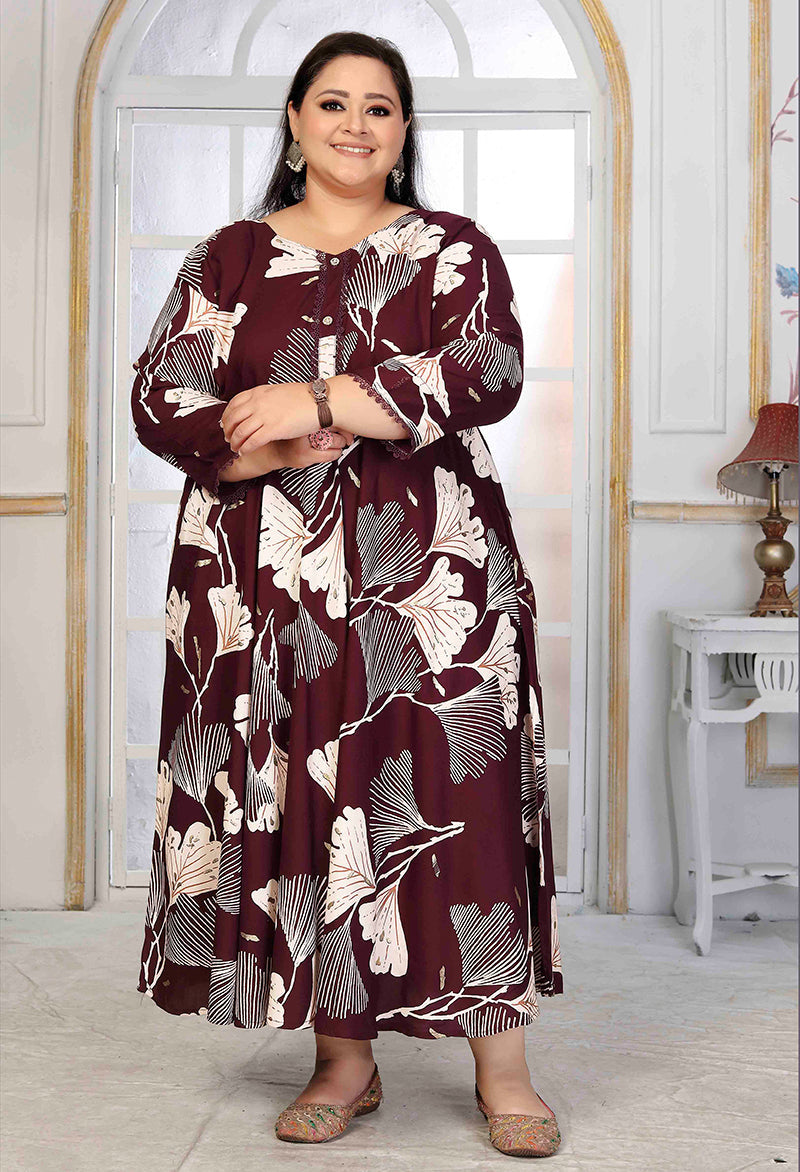 Monjolika Fashion Rayon Printed Wine Designer Kurti | Grocsy