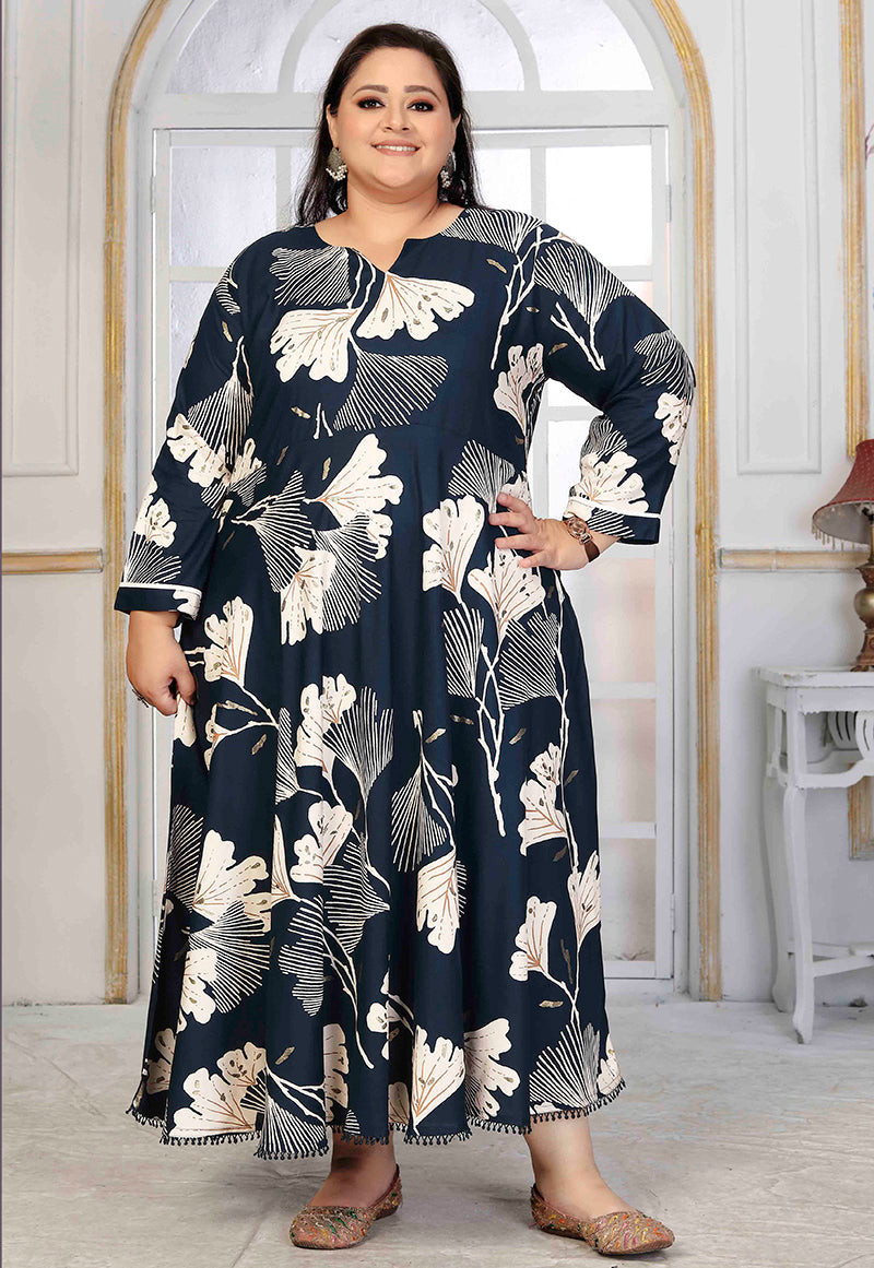 Monjolika Fashion Rayon Printed Navy Blue Designer Kurti | Grocsy