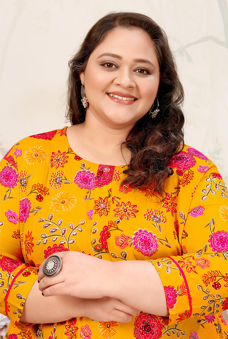 Monjolika Fashion Yellow Ceremonial Rayon Designer Kurti | Grocsy