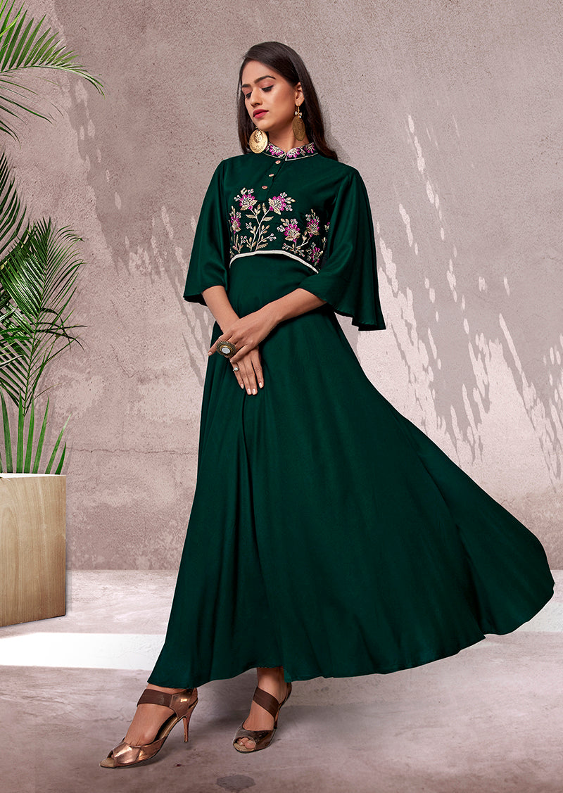 Monjolika Fashion Bottle Green Rayon Embroidered Designer Kurti | Grocsy