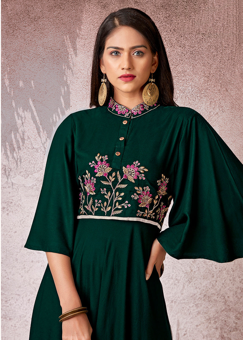 Monjolika Fashion Bottle Green Rayon Embroidered Designer Kurti | Grocsy