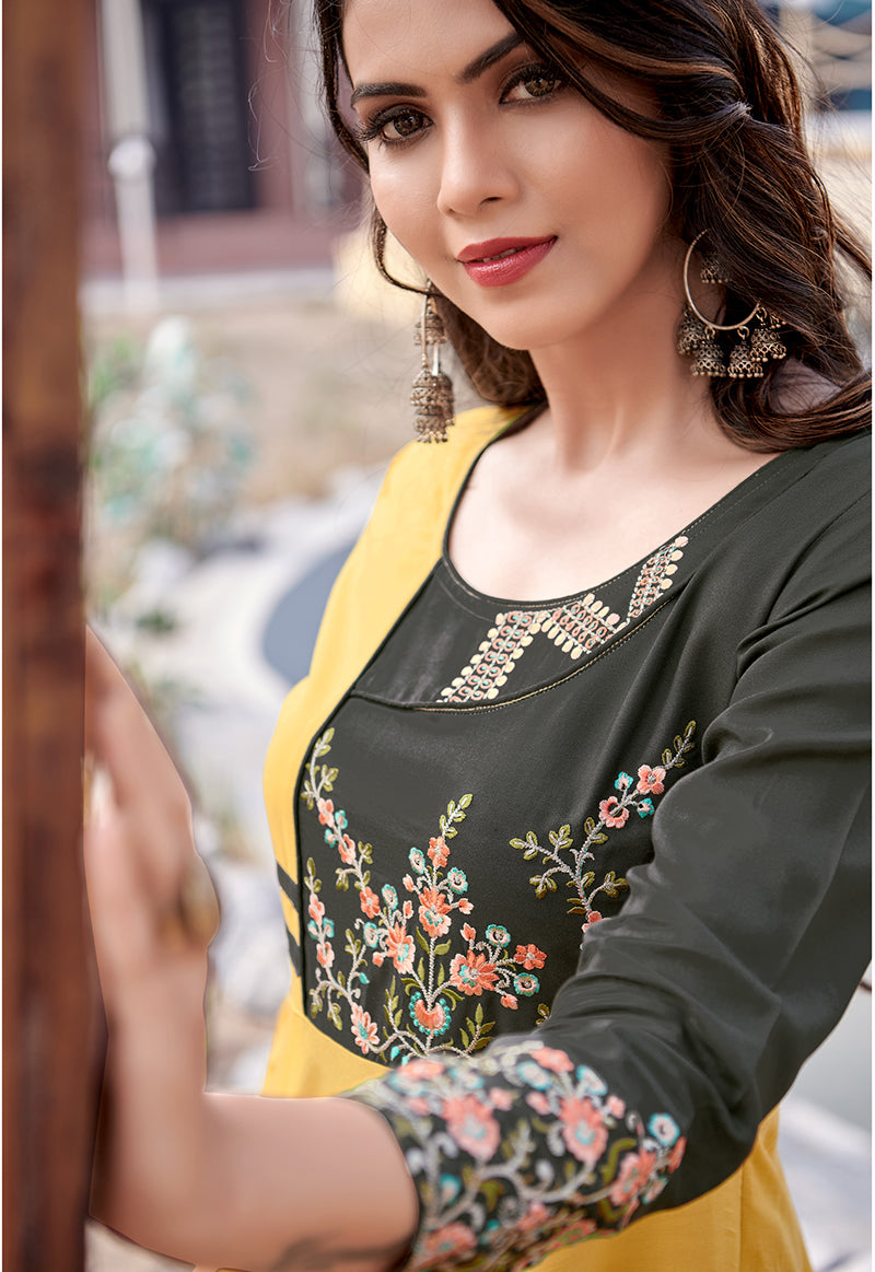 Monjolika Fashion Mustard Rayon Embroidered Designer Kurti | Grocsy