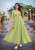 Monjolika Fashion Light Green Rayon Embroidered Designer Kurti | Grocsy