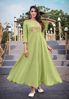 Monjolika Fashion Light Green Rayon Embroidered Designer Kurti | Grocsy