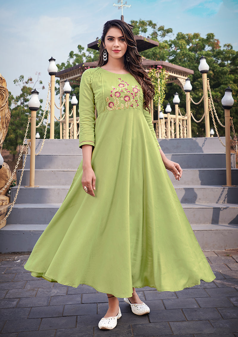Monjolika Fashion Light Green Rayon Embroidered Designer Kurti | Grocsy