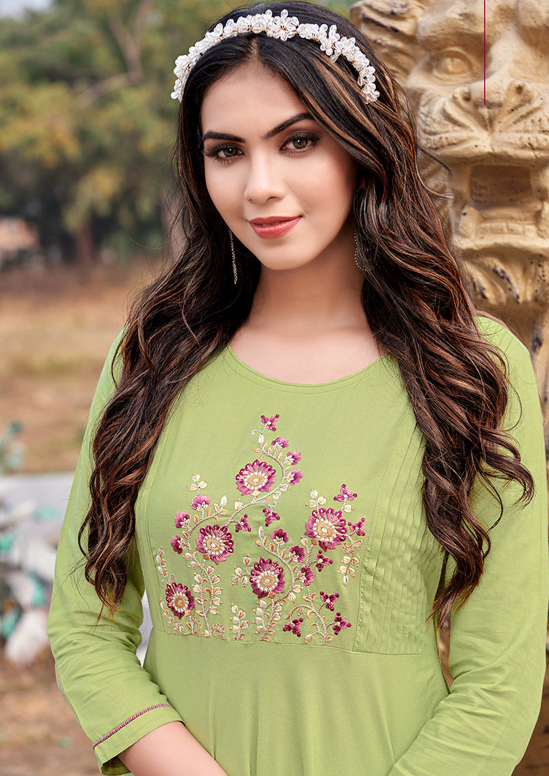 Monjolika Fashion Light Green Rayon Embroidered Designer Kurti | Grocsy