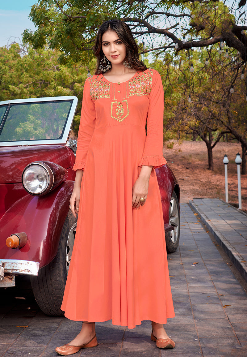 Monjolika Fashion Peach Rayon Embroidered Designer Kurti | Grocsy
