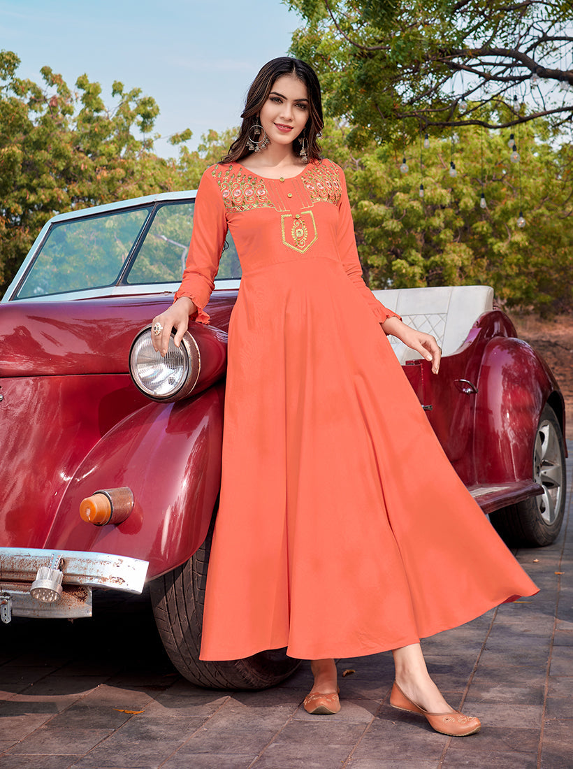 Monjolika Fashion Peach Rayon Embroidered Designer Kurti | Grocsy