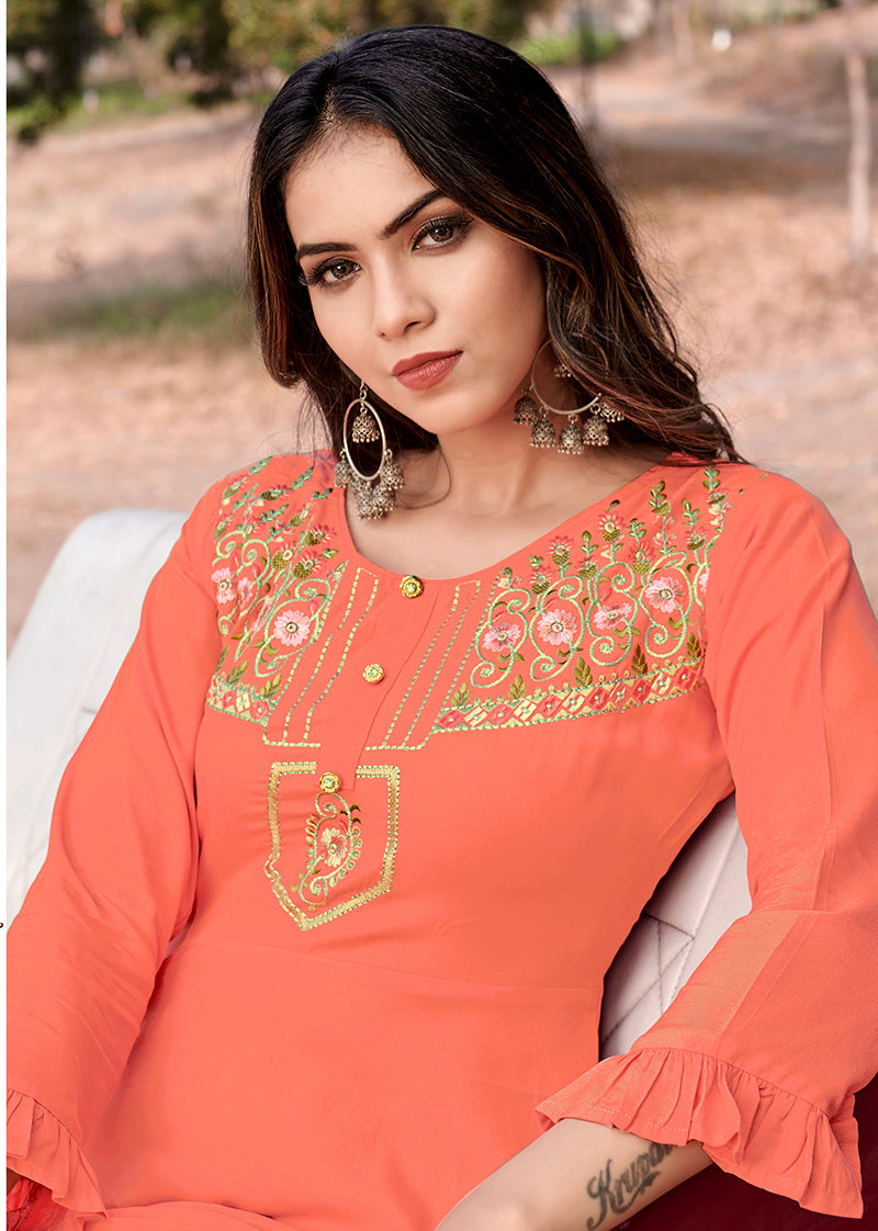 Monjolika Fashion Peach Rayon Embroidered Designer Kurti | Grocsy