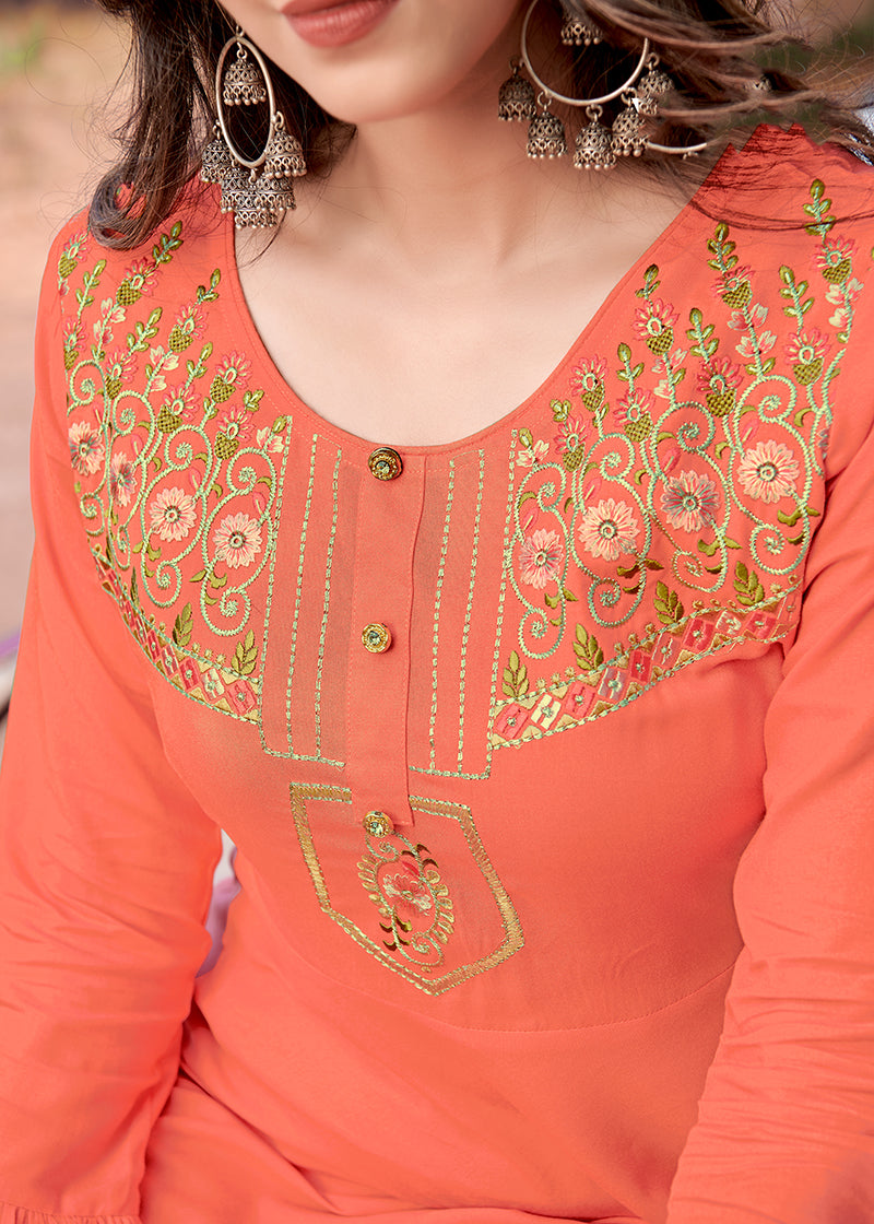 Monjolika Fashion Peach Rayon Embroidered Designer Kurti | Grocsy