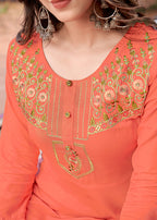 Monjolika Fashion Peach Rayon Embroidered Designer Kurti | Grocsy
