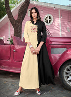 Monjolika Fashion Cream & Black Rayon Embroidered Designer Kurti | Grocsy