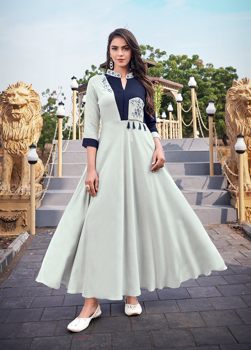 Monjolika Fashion Light Grey Rayon Embroidered Designer Kurti | Grocsy