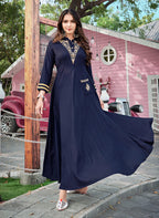 Monjolika Fashion Navy Blue Rayon Embroidered Designer Kurti | Grocsy