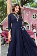 Monjolika Fashion Navy Blue Rayon Embroidered Designer Kurti | Grocsy