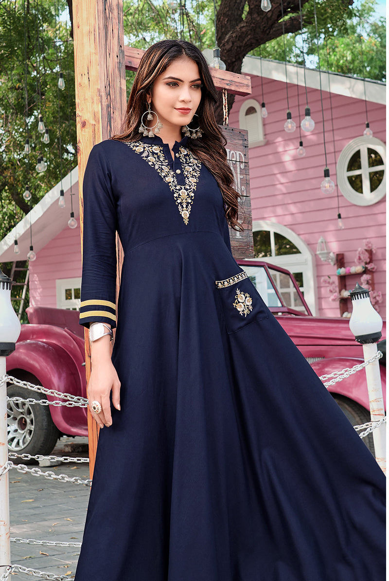 Monjolika Fashion Navy Blue Rayon Embroidered Designer Kurti | Grocsy