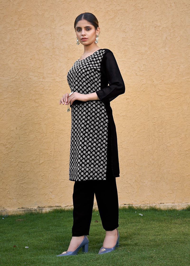 Monjolika Fashion Embroidered Georgette Straight Kurta Set In Black | Grocsy