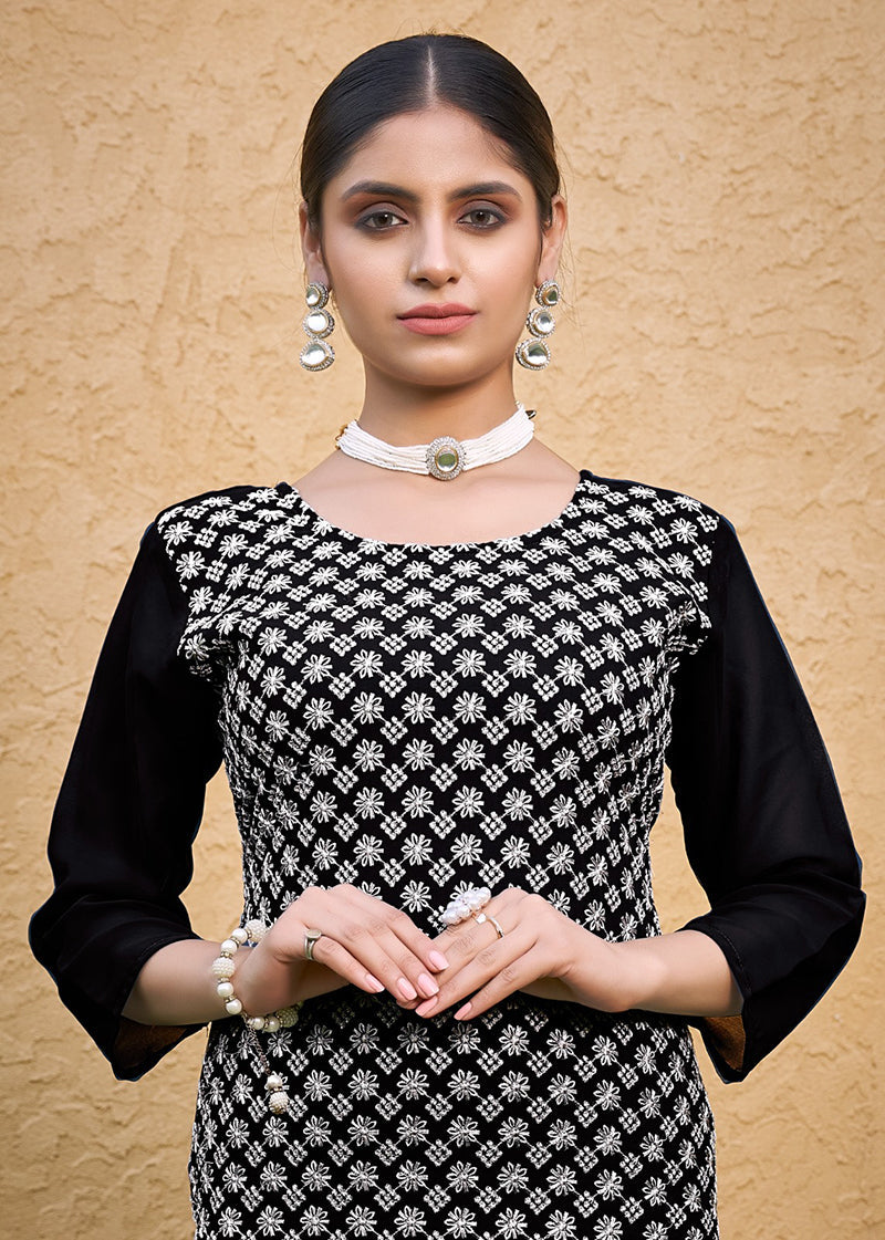 Monjolika Fashion Embroidered Georgette Straight Kurta Set In Black | Grocsy