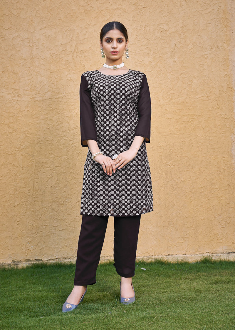 Monjolika Fashion Embroidered Georgette Straight Kurta Set In Coffee | Grocsy