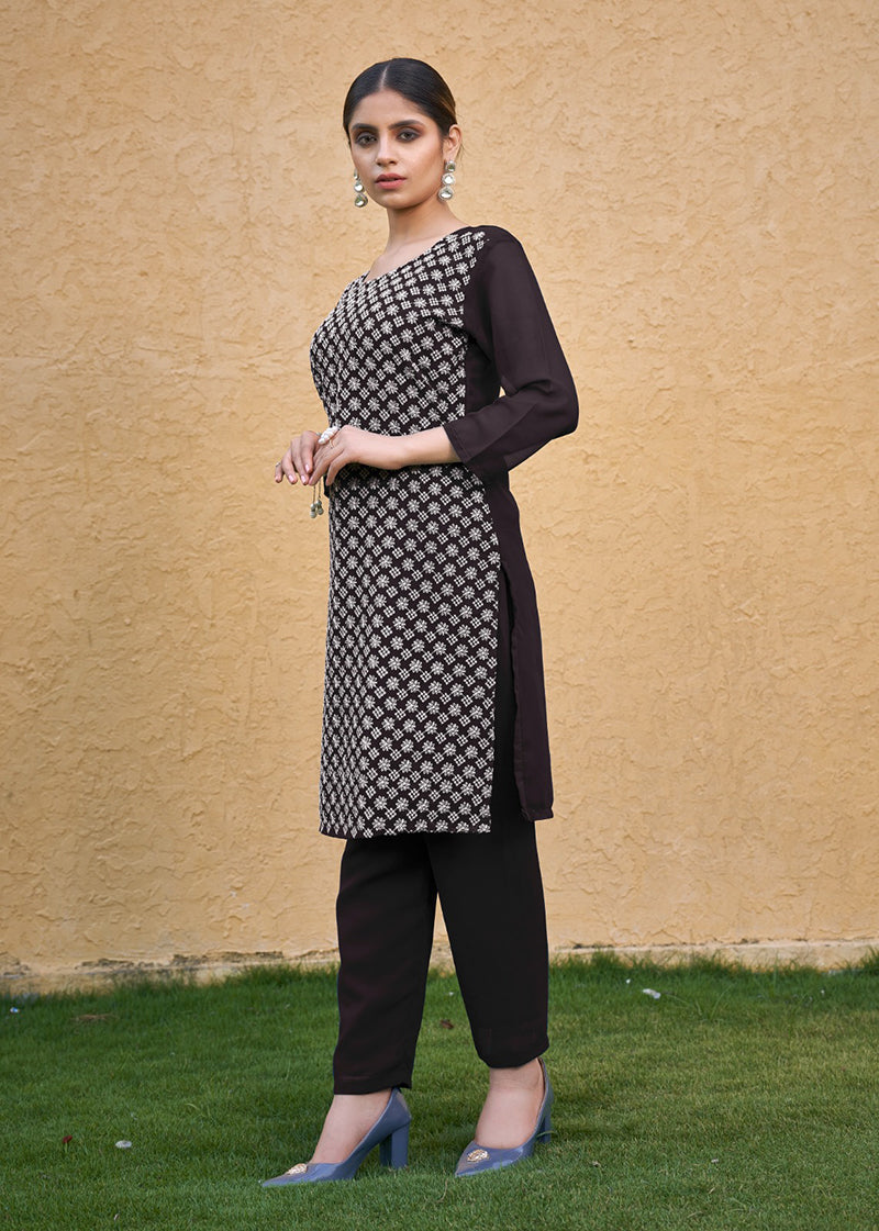 Monjolika Fashion Embroidered Georgette Straight Kurta Set In Coffee | Grocsy