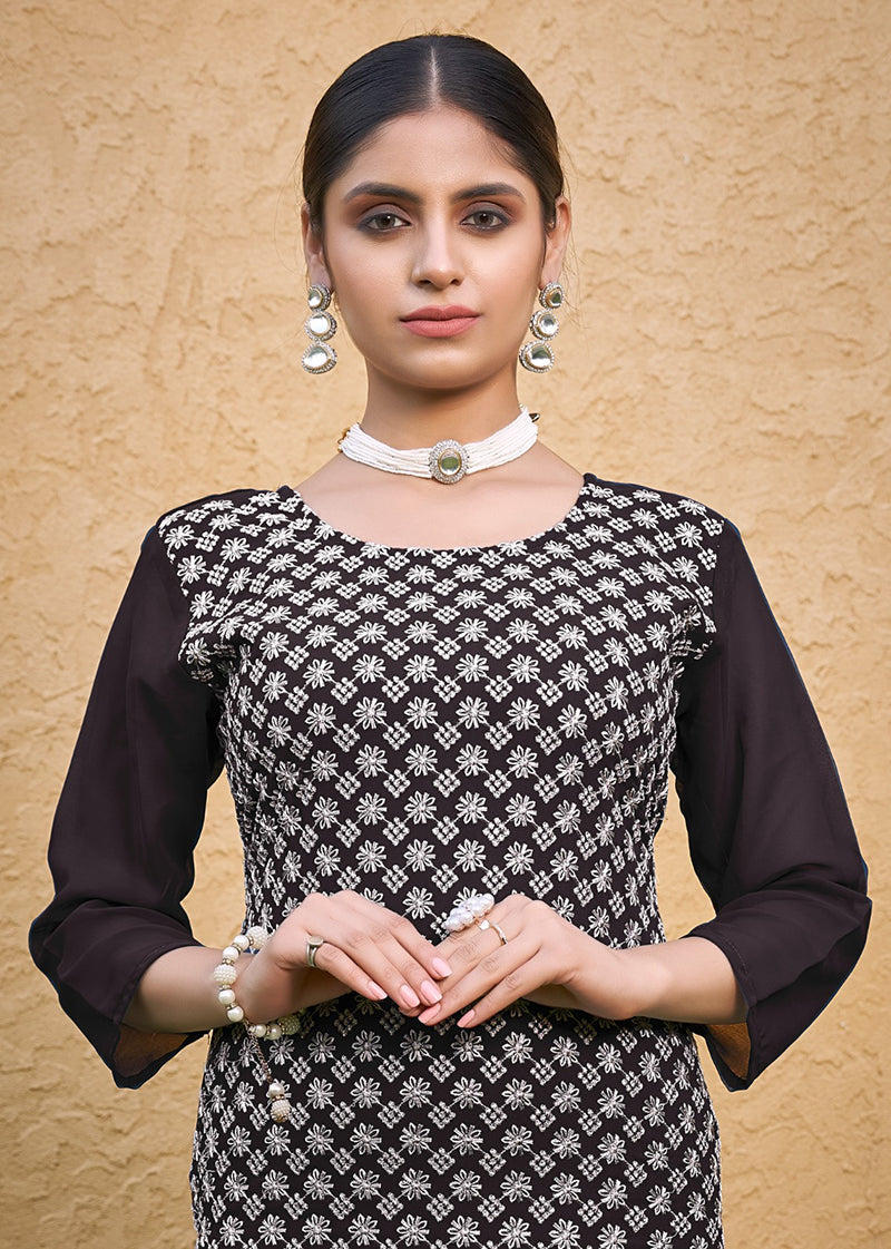 Monjolika Fashion Embroidered Georgette Straight Kurta Set In Coffee | Grocsy