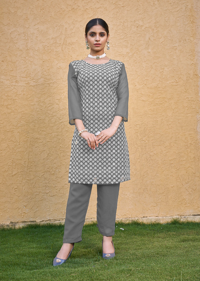 Monjolika Fashion Embroidered Georgette Straight Kurta Set In Grey | Grocsy