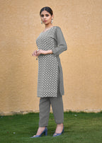 Monjolika Fashion Embroidered Georgette Straight Kurta Set In Grey | Grocsy