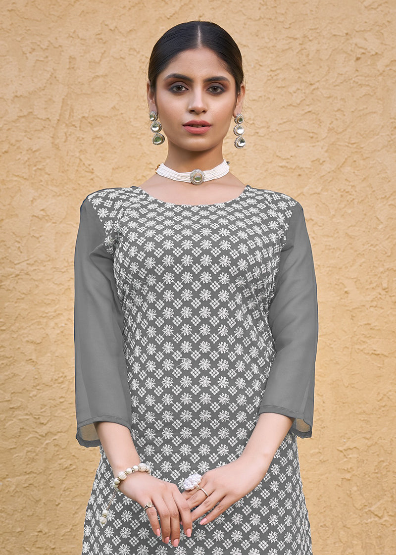 Monjolika Fashion Embroidered Georgette Straight Kurta Set In Grey | Grocsy