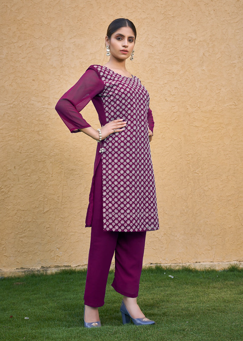 Monjolika Fashion Embroidered Georgette Straight Kurta Set In Purple | Grocsy