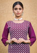 Monjolika Fashion Embroidered Georgette Straight Kurta Set In Purple | Grocsy