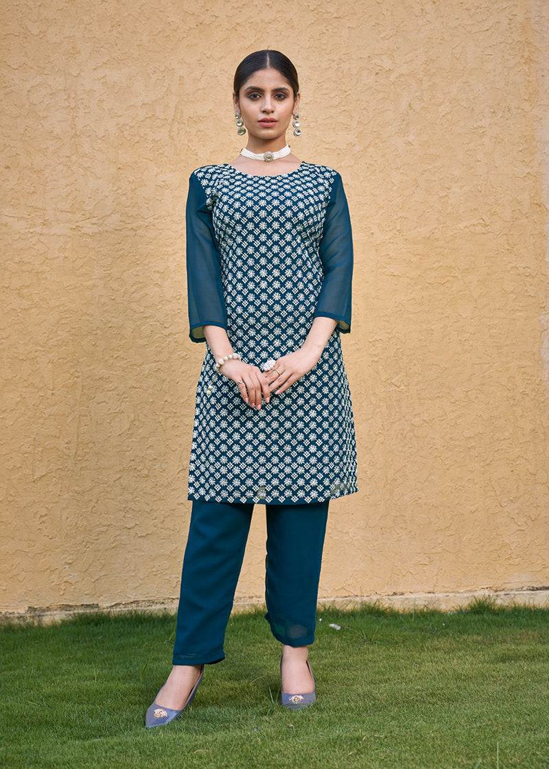 Monjolika Fashion Embroidered Georgette Straight Kurta Set In Teal Blue | Grocsy