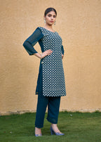 Monjolika Fashion Embroidered Georgette Straight Kurta Set In Teal Blue | Grocsy