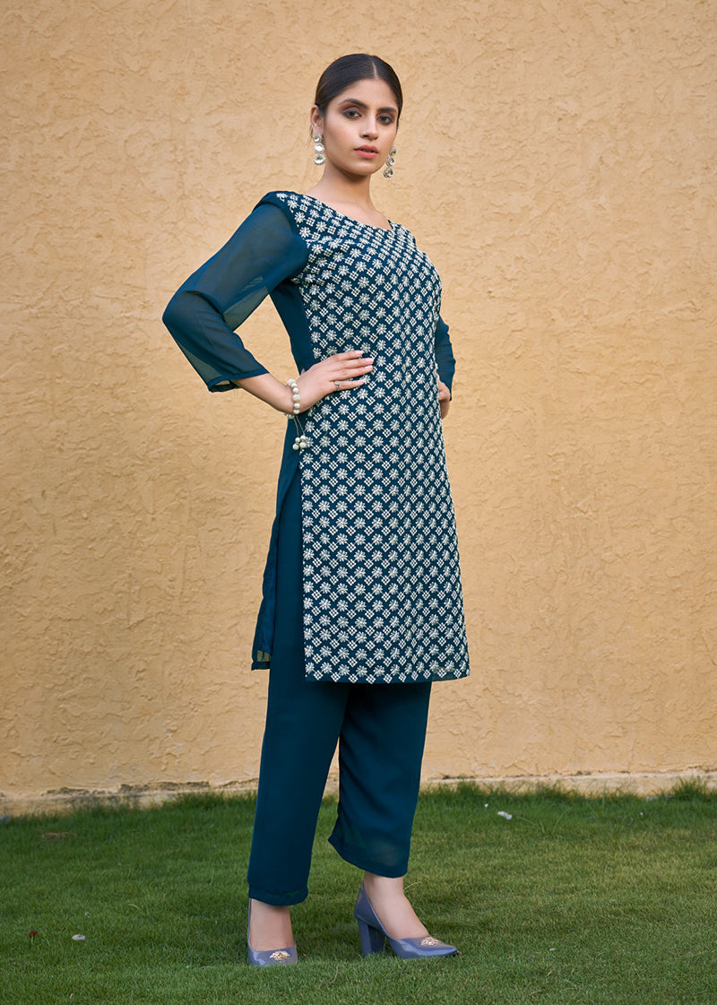 Monjolika Fashion Embroidered Georgette Straight Kurta Set In Teal Blue | Grocsy